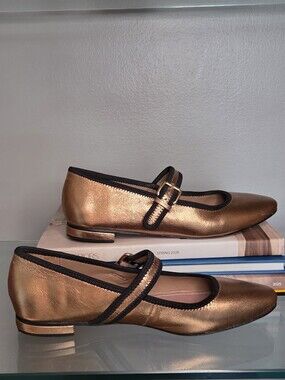 Maeve Metallic Copper Mary Jane Flats with Black Trim and Buckle